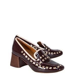 Tory Burch Maroon and Gold Studded Loafers